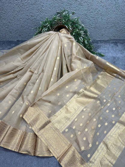 LIGHT BEIGE COTTON PURE HANDLOOM CHANDERI SAREE