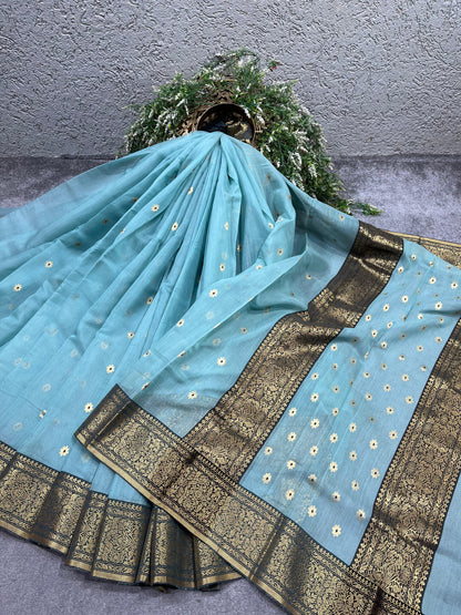 SKY BLUE COTTON PURE HANDLOOM CHANDERI SAREE