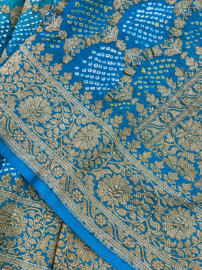 TURQUOISE BLUE GEORGETTE PURE HANDLOOM BHANDEJ SAREE