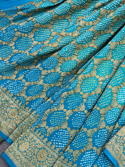TURQUOISE BLUE GEORGETTE PURE HANDLOOM BHANDEJ SAREE