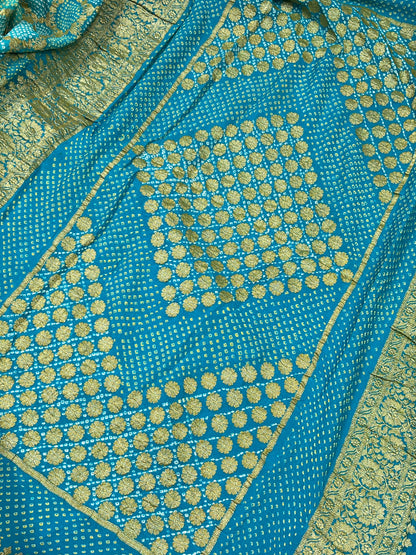 TURQUOISE BLUE GEORGETTE PURE HANDLOOM BHANDEJ SAREE