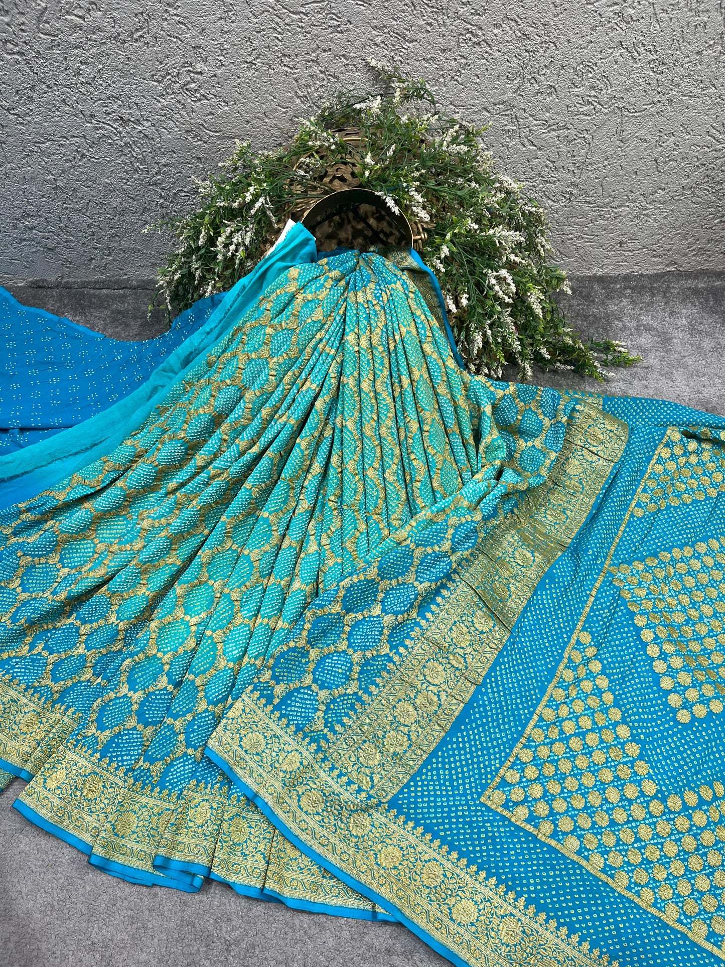 TURQUOISE BLUE GEORGETTE PURE HANDLOOM BHANDEJ SAREE