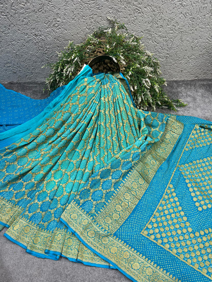 TURQUOISE BLUE GEORGETTE PURE HANDLOOM BHANDEJ SAREE