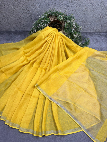 YELLOW PURE HANDLOOM LINEN SAREE