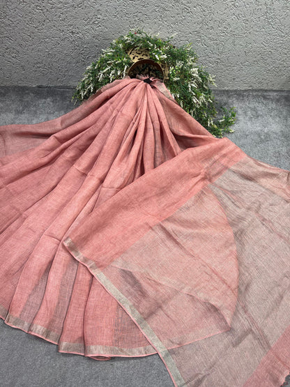 DUSTY ROSE PINK PURE HANDLOOM LINEN SAREE
