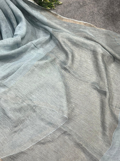 LIGHT BLUE PURE HANDLOOM LINEN SAREE