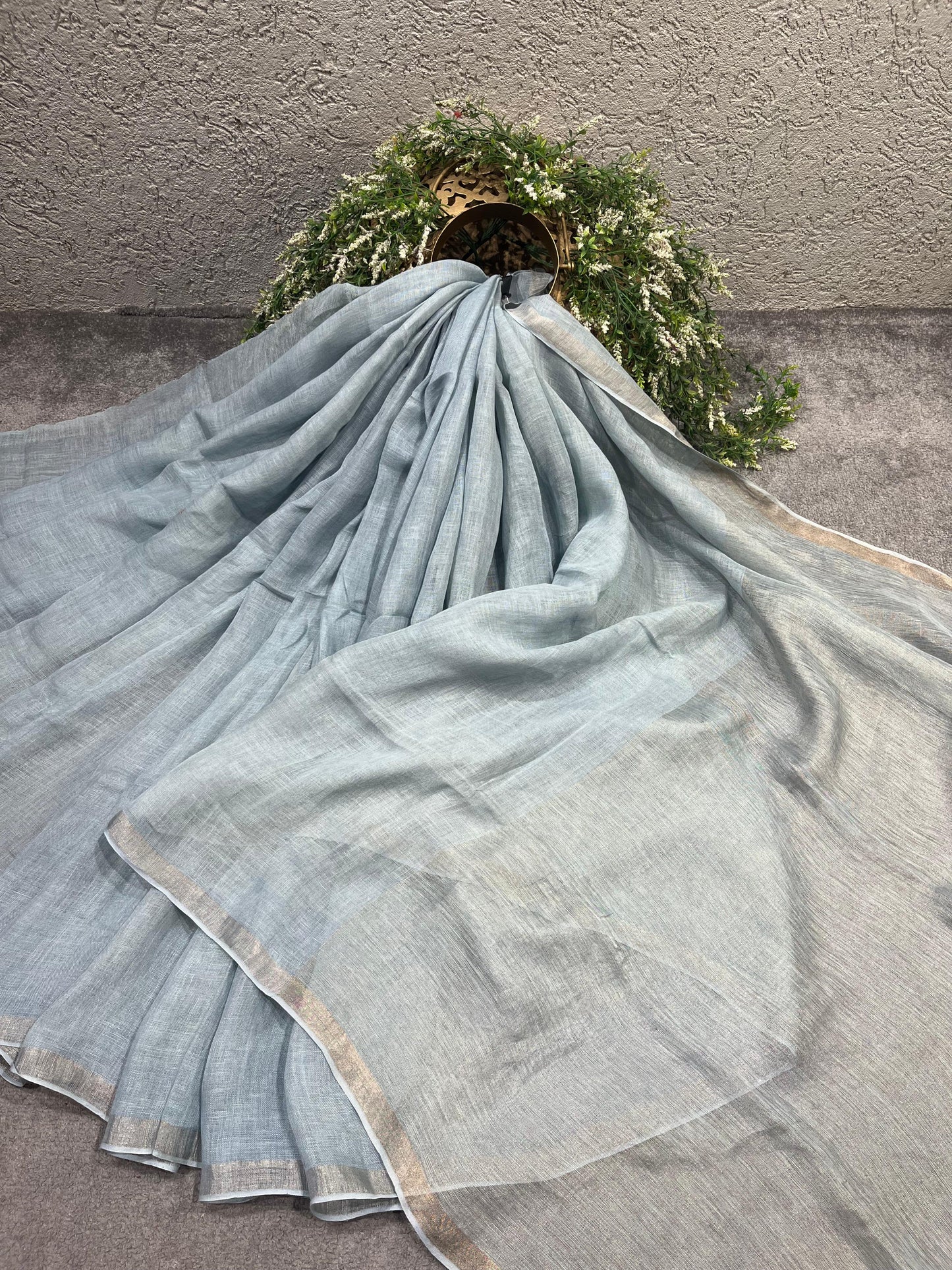 LIGHT BLUE PURE HANDLOOM LINEN SAREE
