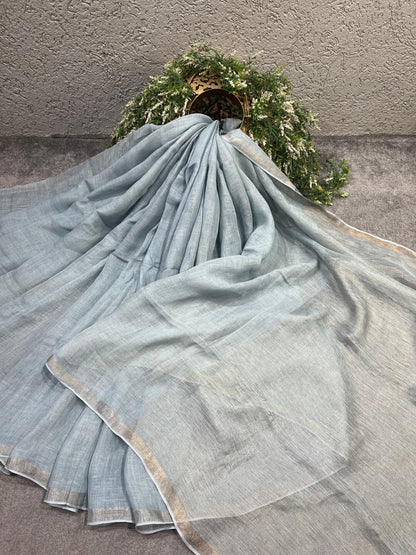 LIGHT BLUE PURE HANDLOOM LINEN SAREE