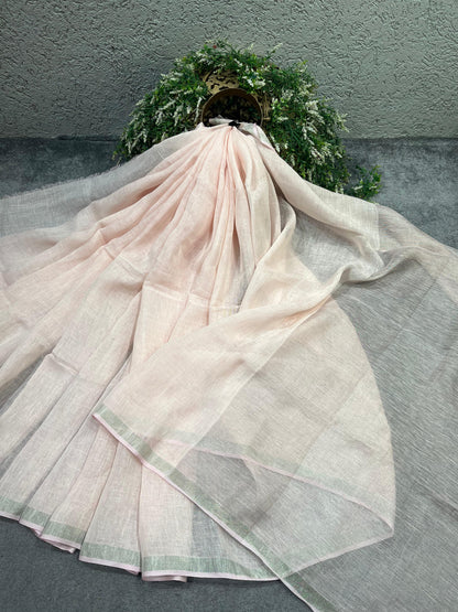 LIGHT PEACH PURE HANDLOOM LINEN SAREE