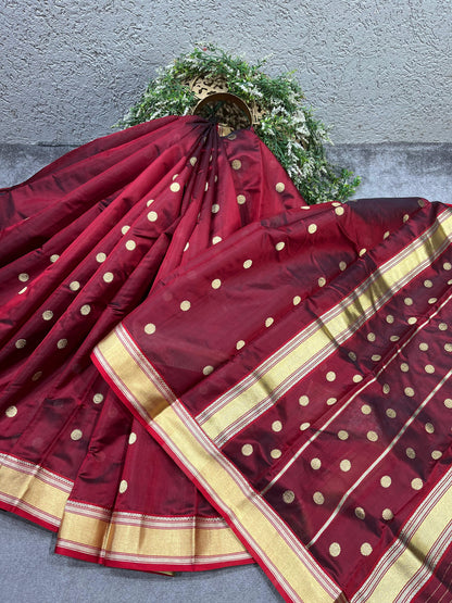 MAROON SILK DO RUKHI  PURE HANDLOOM CHANDERI SAREE