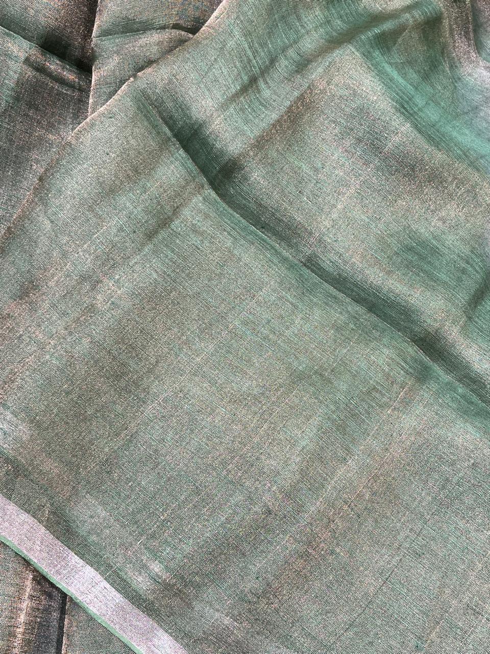 GREEN TISSUE PURE HANDLOOM LINEN SAREE