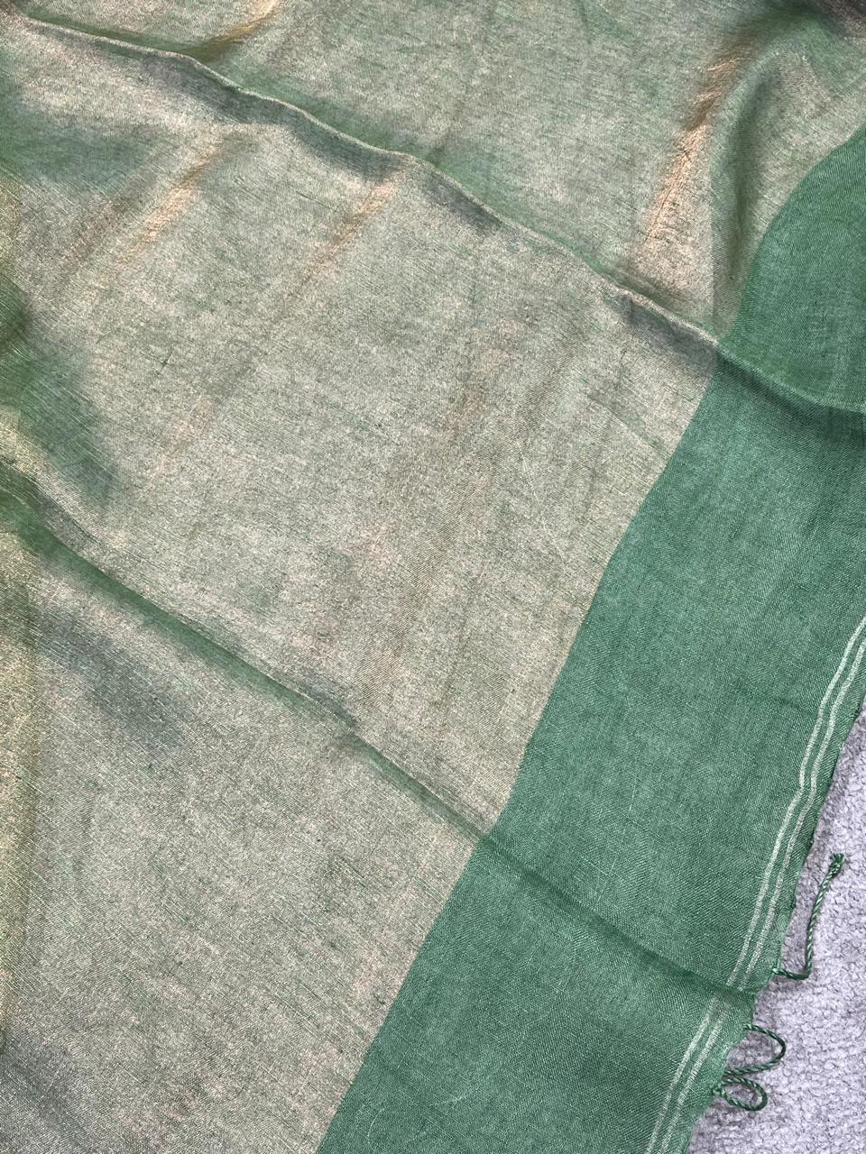 GREEN TISSUE PURE HANDLOOM LINEN SAREE
