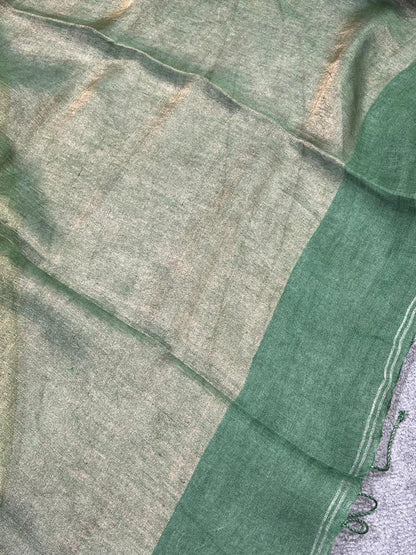 GREEN TISSUE PURE HANDLOOM LINEN SAREE