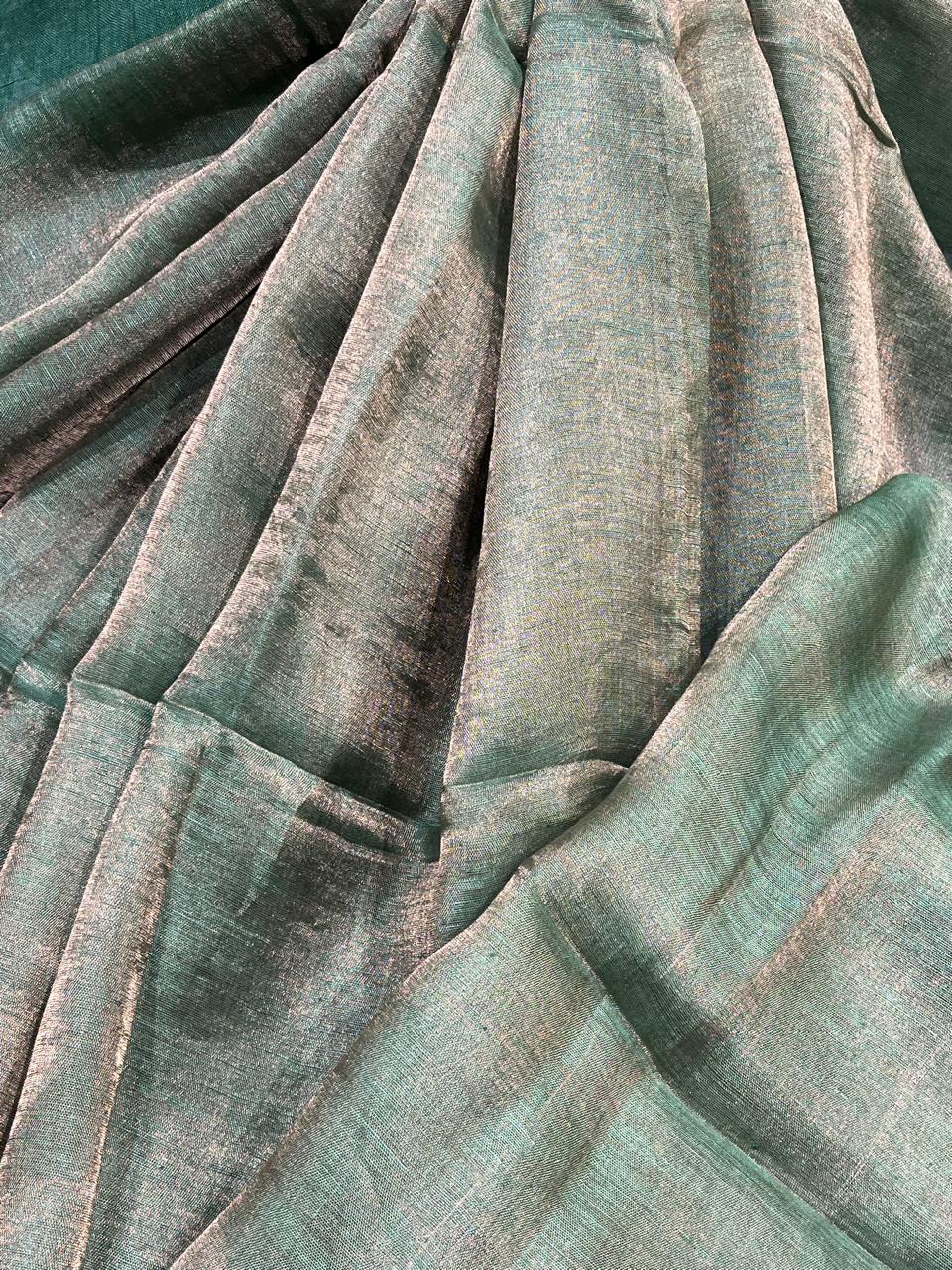 GREEN TISSUE PURE HANDLOOM LINEN SAREE