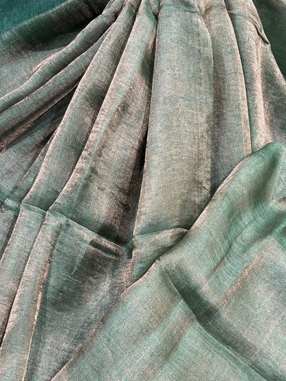 GREEN TISSUE PURE HANDLOOM LINEN SAREE