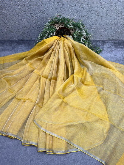 YELLOW TISSUE PURE HANDLOOM LINEN SAREE