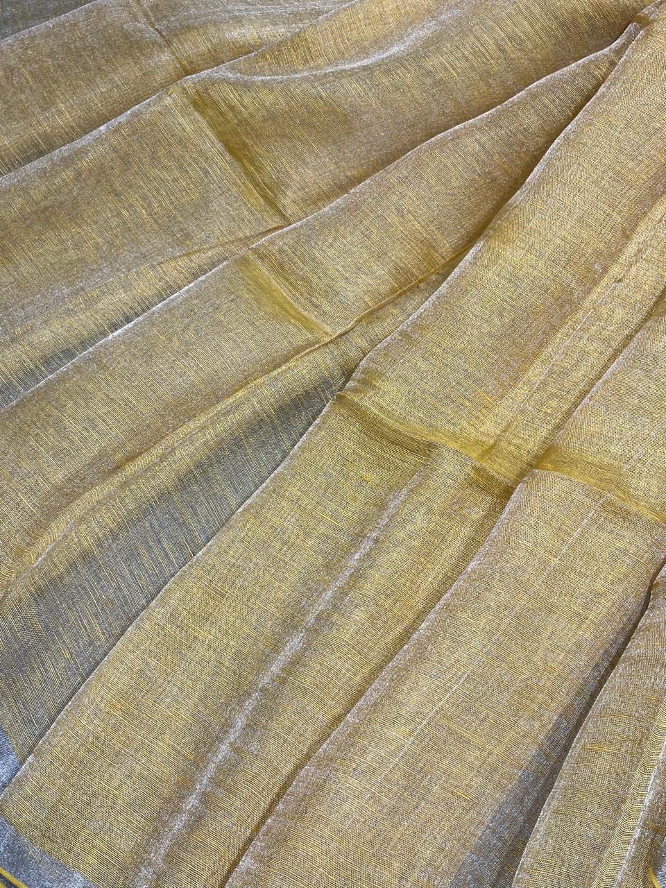 YELLOW TISSUE PURE HANDLOOM LINEN SAREE
