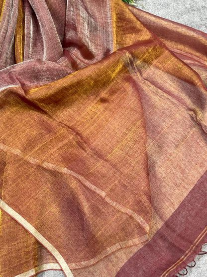 BROWN TISSUE LINEN PURE HANDLOOM LINEN SAREE