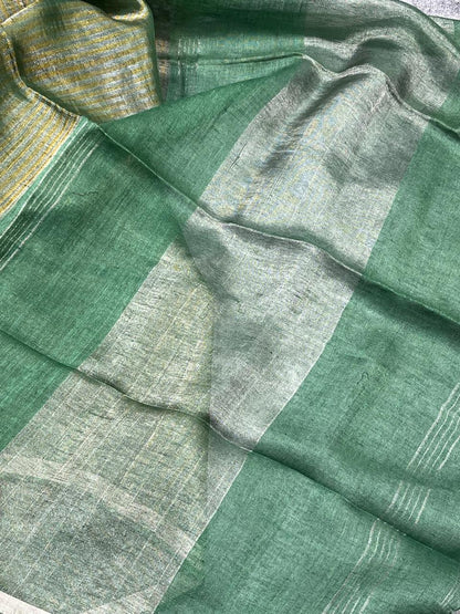 GREEN TISSUE LINEN PURE HANDLOOM LINEN SAREE