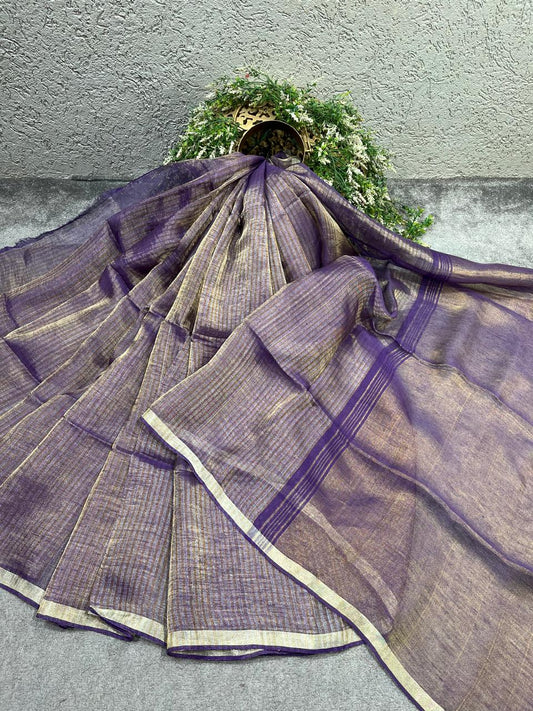 PURPLE TISSUE LINEN PURE HANDLOOM LINEN SAREE