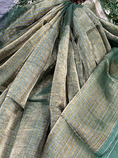 GREEN TISSUE LINEN PURE HANDLOOM LINEN SAREE