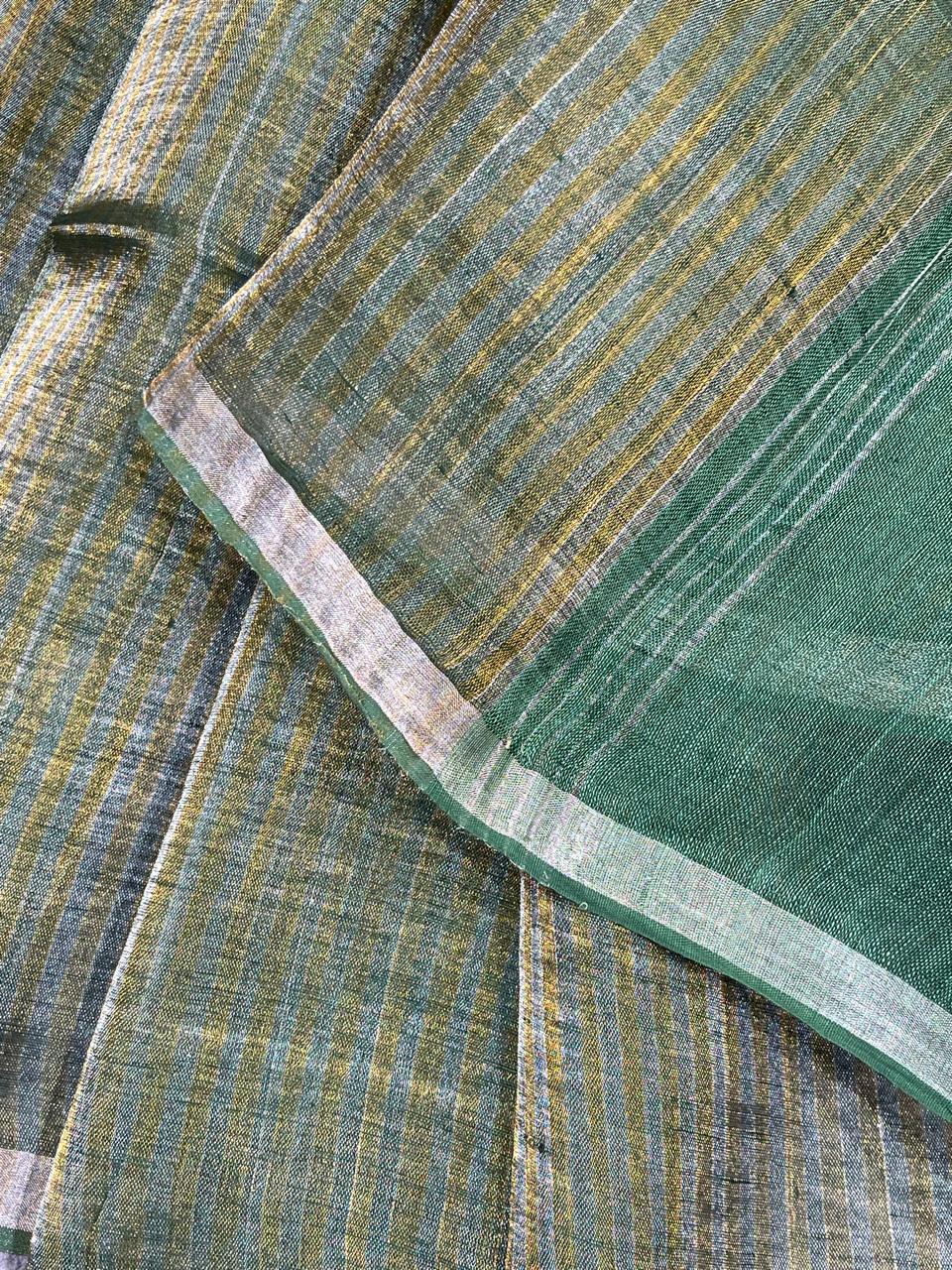 GREEN TISSUE LINEN PURE HANDLOOM LINEN SAREE