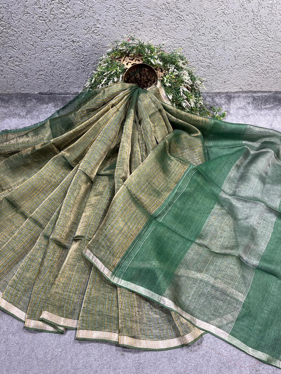 GREEN TISSUE LINEN PURE HANDLOOM LINEN SAREE