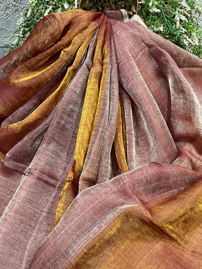 BROWN TISSUE LINEN PURE HANDLOOM LINEN SAREE