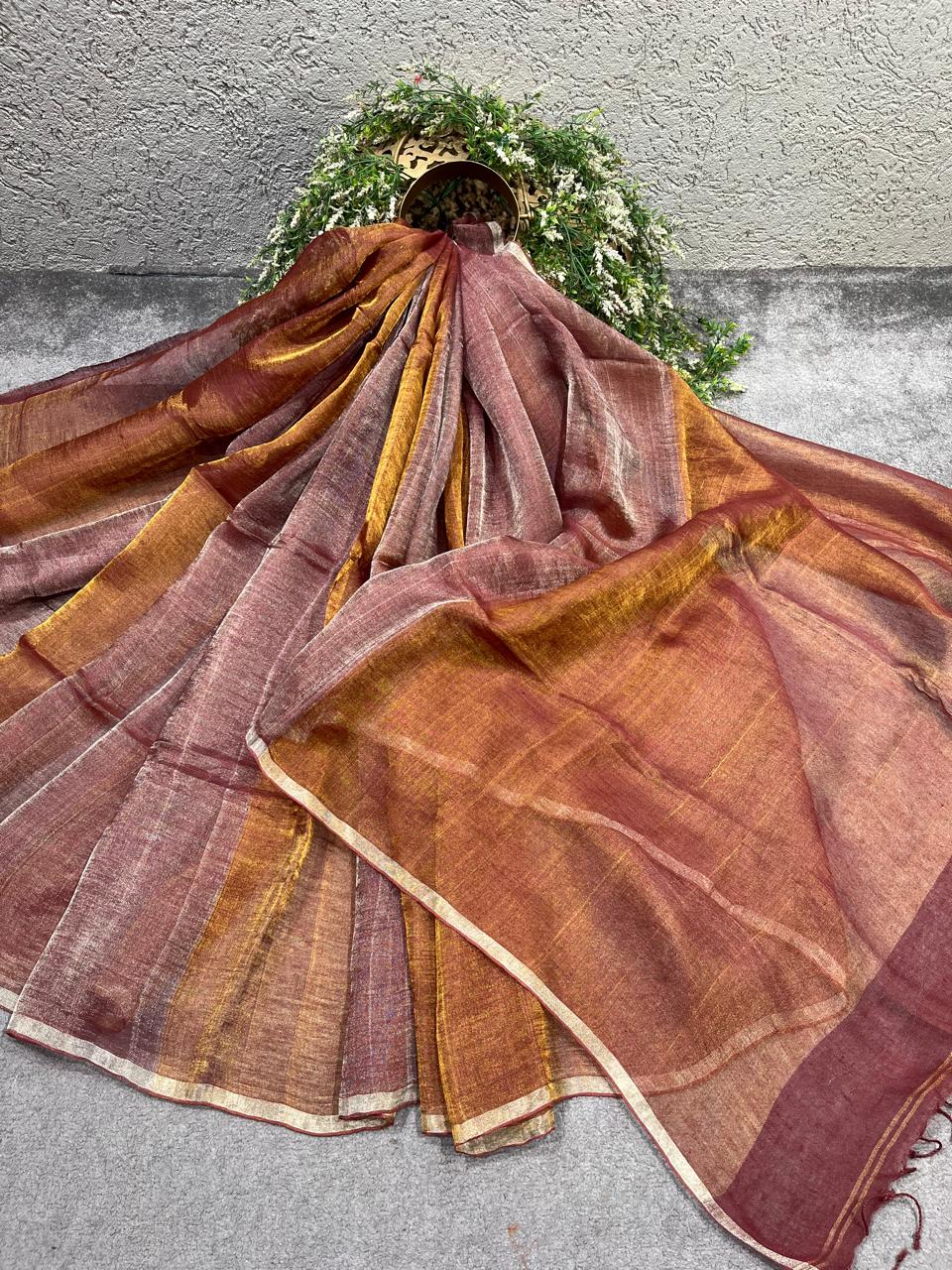 BROWN TISSUE LINEN PURE HANDLOOM LINEN SAREE