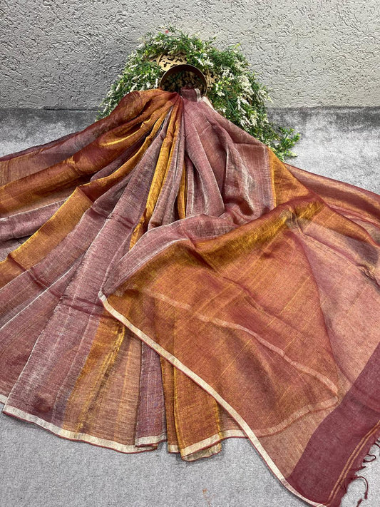 BROWN TISSUE LINEN PURE HANDLOOM LINEN SAREE