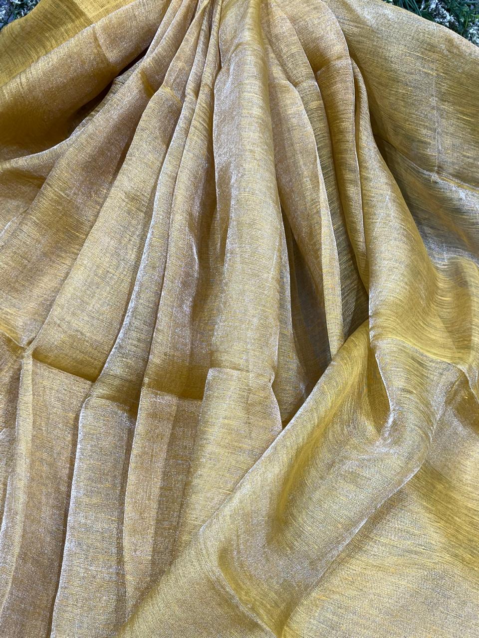 YELLOW TISSUE PURE HANDLOOM LINEN SAREE