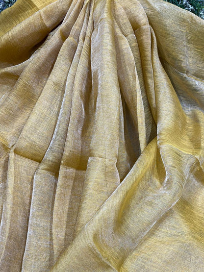 YELLOW TISSUE PURE HANDLOOM LINEN SAREE