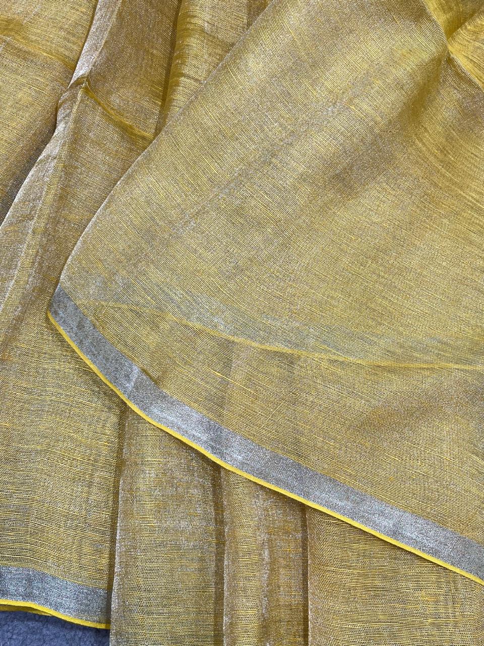 YELLOW TISSUE PURE HANDLOOM LINEN SAREE