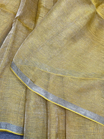 YELLOW TISSUE PURE HANDLOOM LINEN SAREE