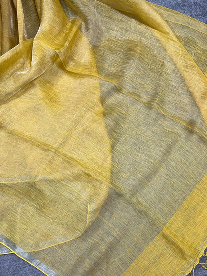 YELLOW TISSUE PURE HANDLOOM LINEN SAREE