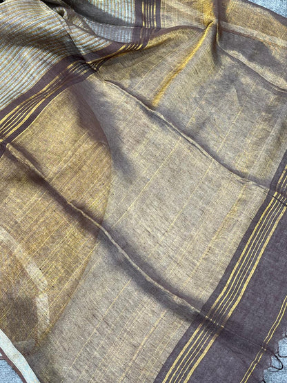 BROWN TISSUE PURE HANDLOOM LINEN SAREE