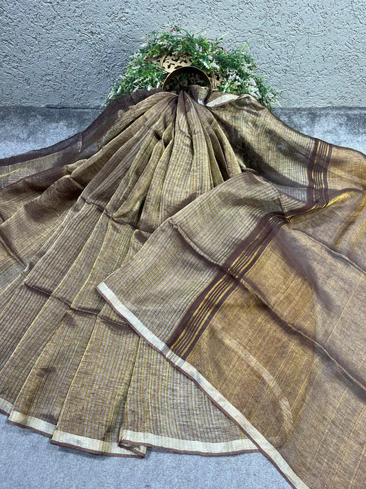 BROWN TISSUE PURE HANDLOOM LINEN SAREE