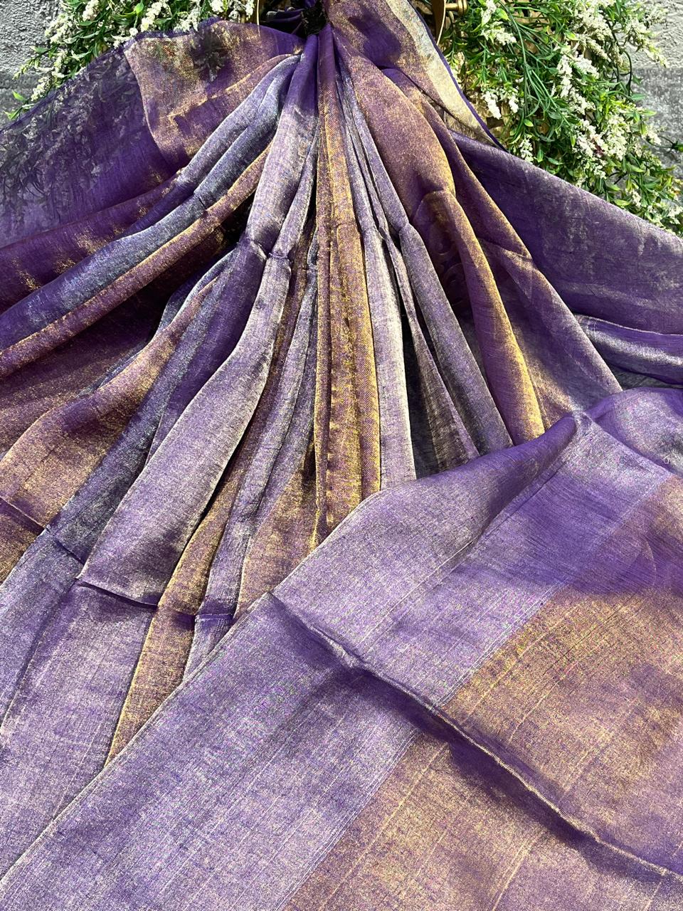 PURPLE TISSUE PURE HANDLOOM LINEN SAREE