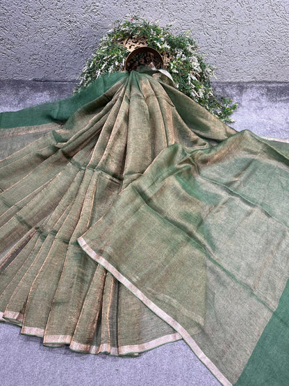 GREEN TISSUE PURE HANDLOOM LINEN SAREE