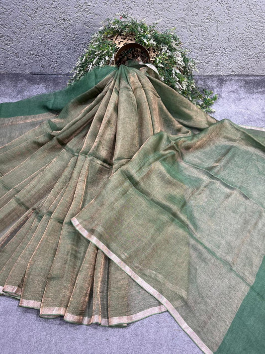 GREEN TISSUE PURE HANDLOOM LINEN SAREE