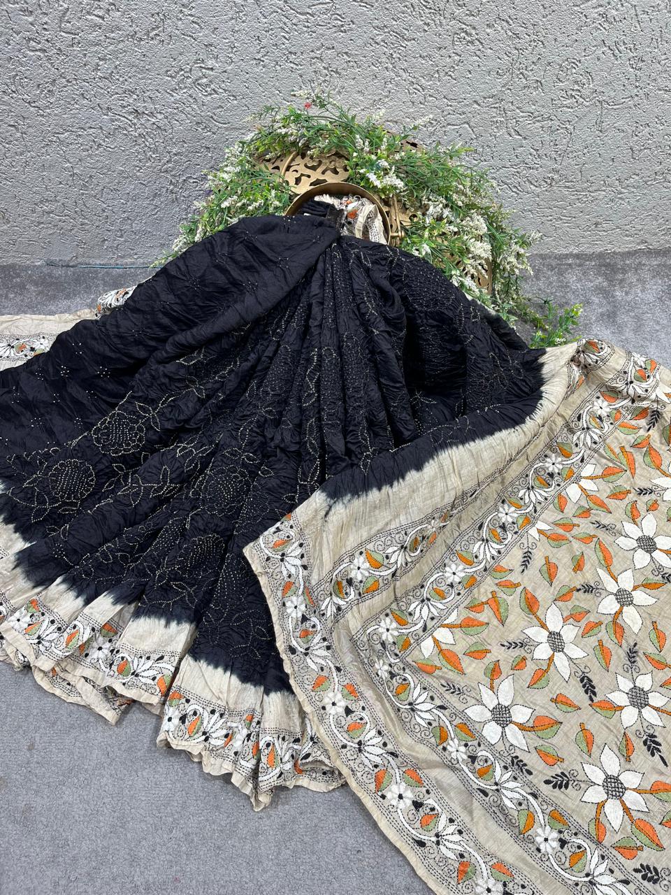 BLACK TASSAR PURE HANDLOOM BANDHEJ SAREE