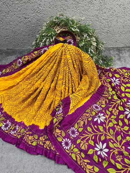 YELLOW GAJJI SILK PURE HANDLOOM BANDHEJ SAREE