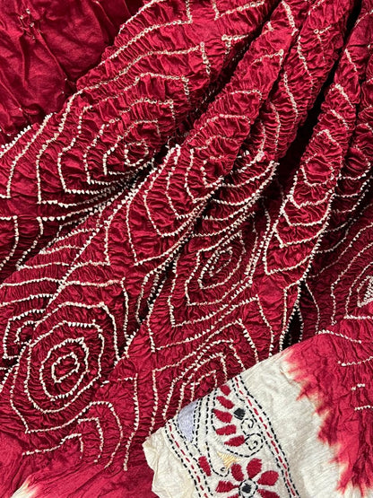 RED TASSAR PURE HANDLOOM BANDHEJ SAREE