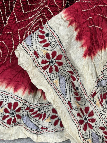 RED TASSAR PURE HANDLOOM BANDHEJ SAREE