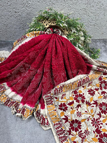 RED TASSAR PURE HANDLOOM BANDHEJ SAREE