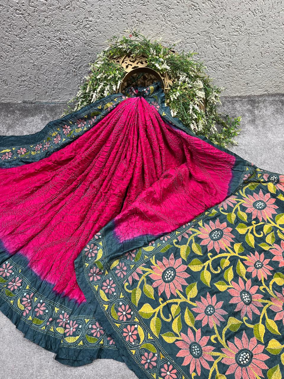 PINK GAJJI SILK PURE HANDLOOM BANDHEJ SAREE