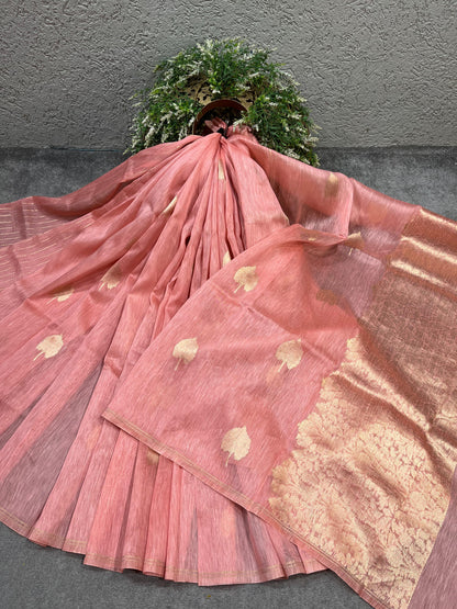 PEACH PINK LINEN PURE HANDLOOM BANARASI SAREE
