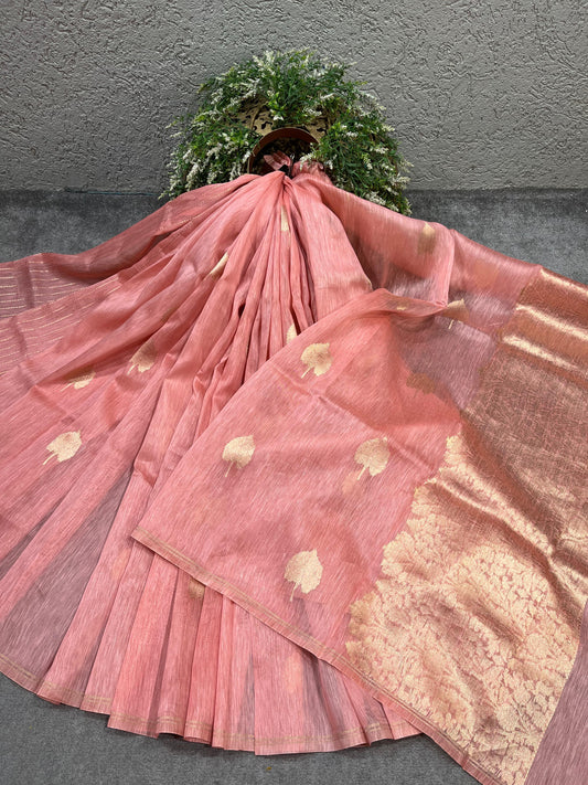 PEACH PINK LINEN PURE HANDLOOM BANARASI SAREE