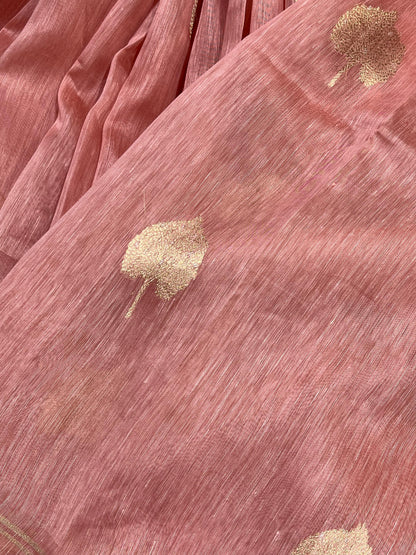 PEACH PINK LINEN PURE HANDLOOM BANARASI SAREE