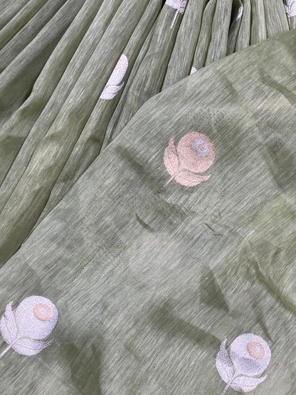 PASTEL GREEN LINEN PURE HANDLOOM BANARASI SAREE